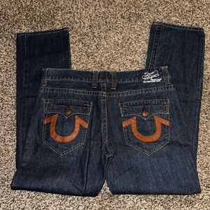 True Religion Men's Dark Blue Jeans with Brown Accents